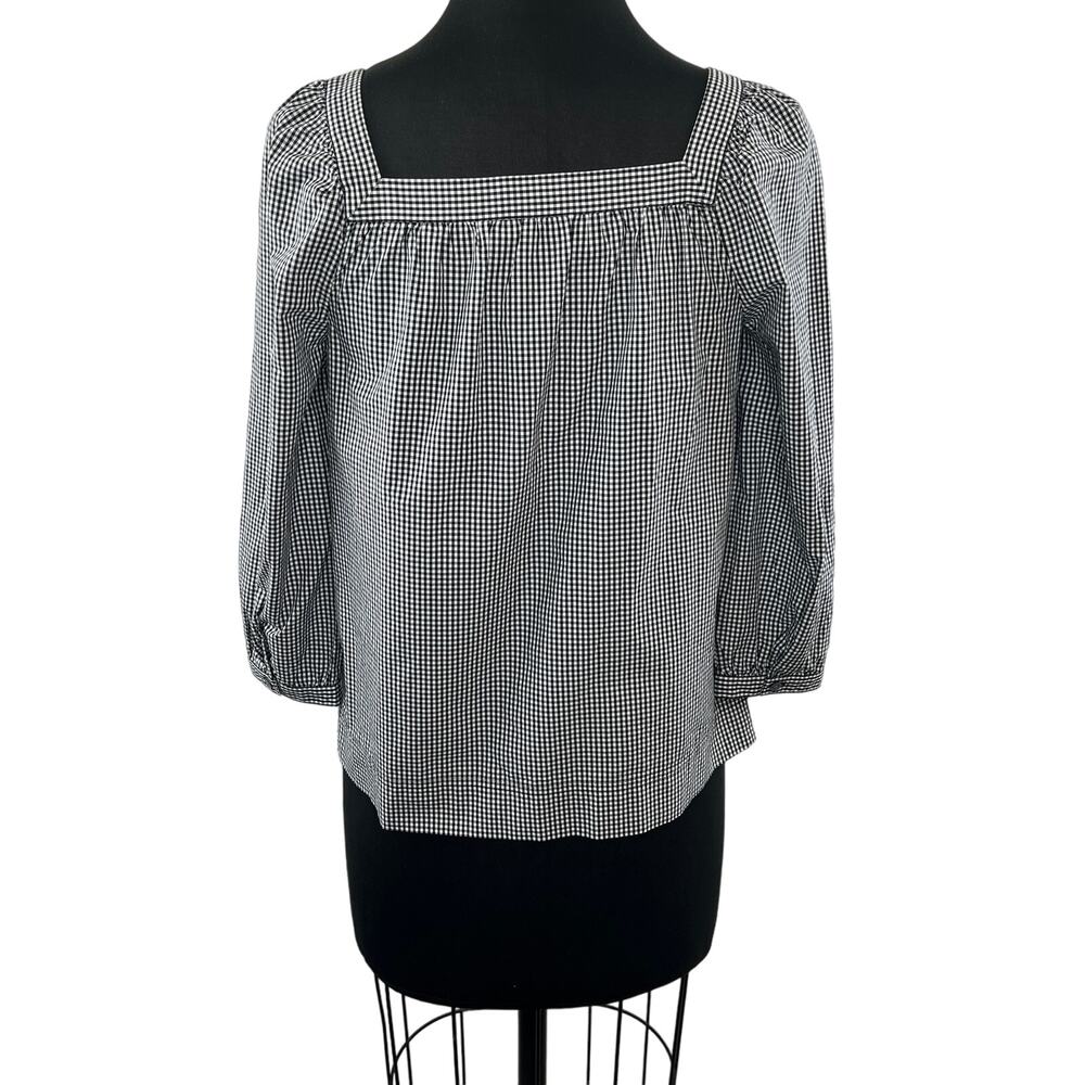 J.Crew Black White Gingham Square Neck Long Sleeve Cotton Penny Top Size XXS